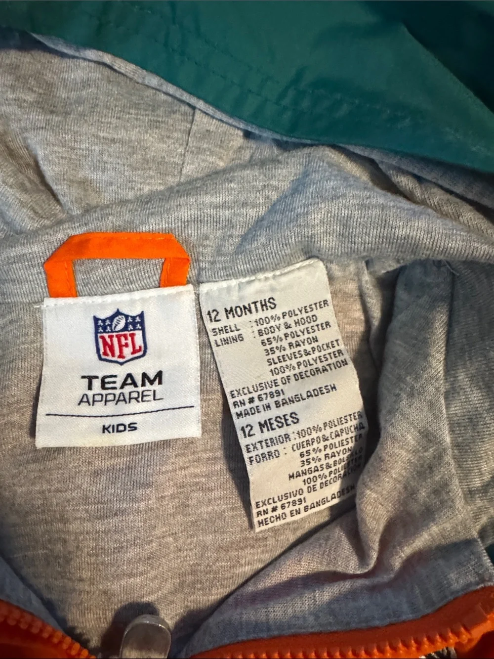 NFL Team Apparel Kids Hooded Jacket in Gray, Teal & Orange